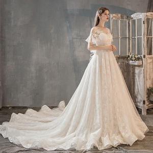 ウェディングドレス ウェディングドレス白 パーティードレス パフスリーブ 花嫁ロングドレス 簡約 結婚式露背 二次会 レース お呼ばれ 挙式