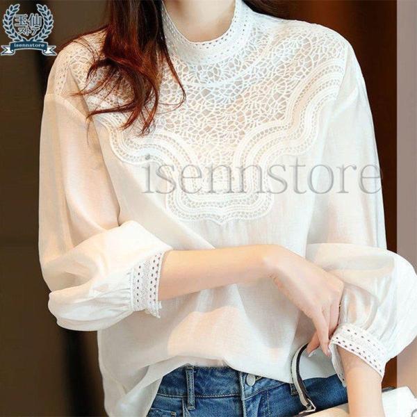 ブラウス レディース 長袖 おしゃれ オフィス レースシャツ プルオーバー 長袖 無地 フリル バル...