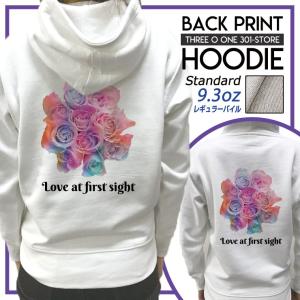 パーカー メンズ フード付き スウェット プルオーバー 長袖 バックプリント 花柄 フラワー ローズ バラ 英語 文字 ガーリー