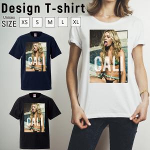 Tシャツ メンズ レディース 半袖 高品質 男女兼用 セクシー ガール 水着 ロゴ CALI 金髪美女 クルーネック プリントTシャツ