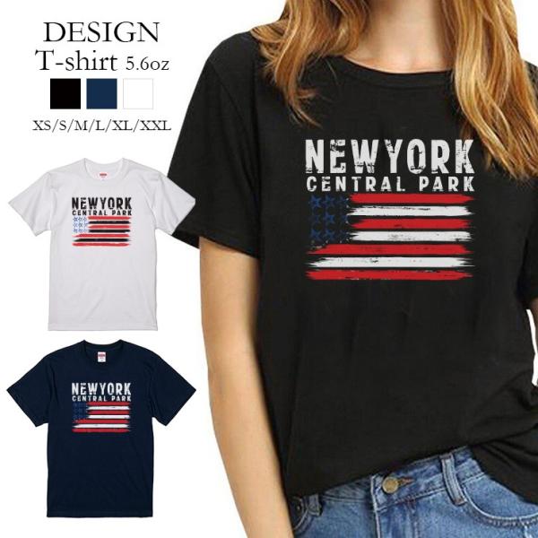 Tシャツ レディース 半袖 トップス 男女兼用 USA アメリカ 星条旗 ニューヨーク ロゴ NYC...