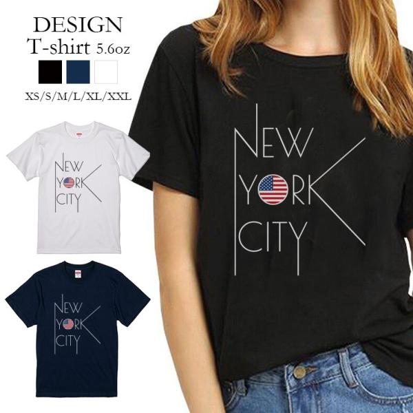 Tシャツ レディース 半袖 トップス NYC ニューヨーク ロゴ アメリカ 星条旗 シンプル クルー...