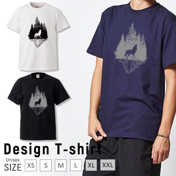 Tシャツ メンズ 半袖 ブランド 狼 ウルフ WOLF 森 山 シルエット 遠吠え クルーネック プ...