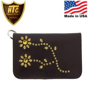 HTC(Hollywood Trading Company) T-2 Wallet #FLOWER11 ミディアムウォレット ダークブラウンレザーxブラススタッズxイエローストーン｜threewoodjapan