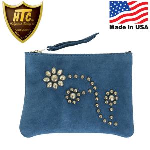 HTC(Hollywood Trading Company) Suede Pouch Wallet #24 スウェード ポーチウォレット ブルーグレーレザーxシルバースタッズ｜threewoodjapan