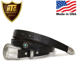 HTC(Hollywood Trading Company) Belt #Emb17 Western Fl Turquoise レザーベルト ブラックレザーxシルバースタッズxターコイズ｜threewoodjapan