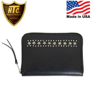 HTC(Hollywood Trading Company) T-2 Zipper Wallet #Around Star Studs ジッパー ミディアムウォレット ブラックレザーxシルバースタッズ｜threewoodjapan