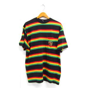 OLD STUSSY オールドステューシー 80s ラスタ TEE Tシャツ ヴィンテージ ビンテージ ボーダー 黒タグ USA製 サイズ：L★FG8114