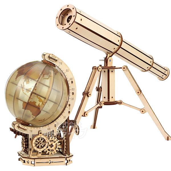 木製クラフトキット ２点セット 天体望遠鏡 ＆ 地球儀 工作キット ラッピング不可