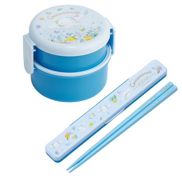 シナモロール シナモン パステル花柄 丸型ランチボックス２段 ミニフォーク付 箸＆箸箱 セット