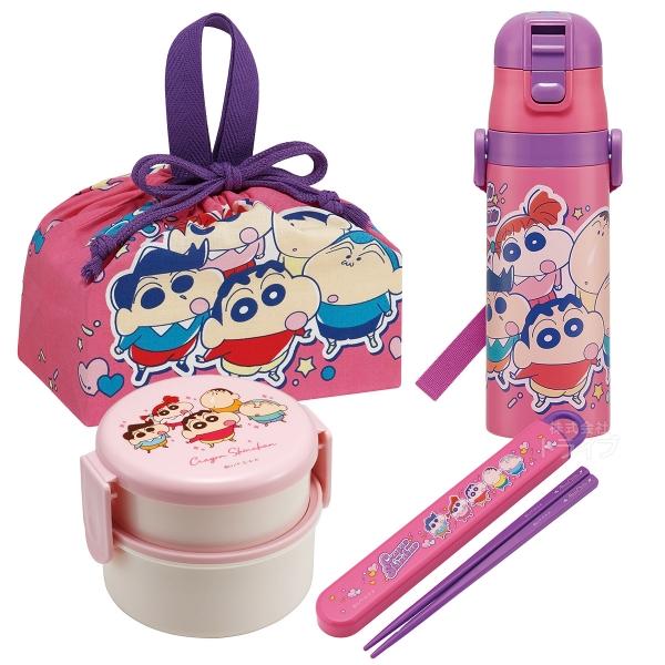 クレヨンしんちゃん 25 お買得４点セット 丸型ランチボックス2段 フォーク付 箸＆箸箱 巾着 水筒