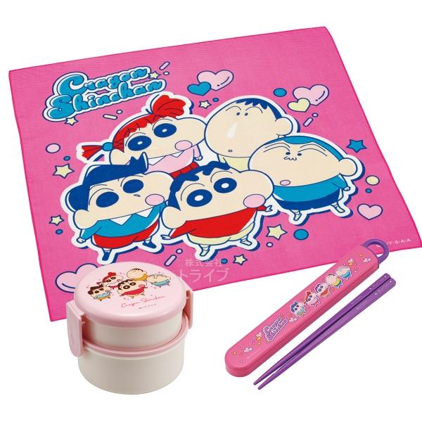 クレヨンしんちゃん 25 抗菌 丸型ランチボックス2段 フォーク付 箸＆箸箱 ランチクロスセット