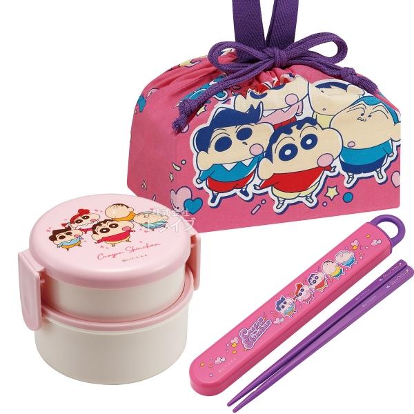 クレヨンしんちゃん 25 抗菌 丸型ランチボックス2段 フォーク付 箸＆箸箱 巾着セット