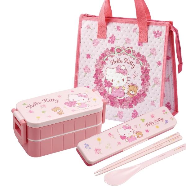 ハローキティ フラワーリース 抗菌 箸付お弁当箱 ２段 コンビ 不織布 保冷バッグ セット