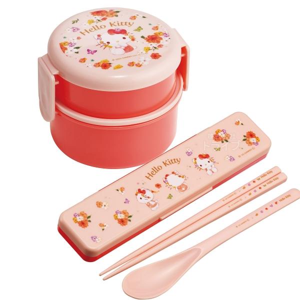 ハローキティ パステル花柄 丸型ランチボックス２段 ミニフォーク付 コンビ セット