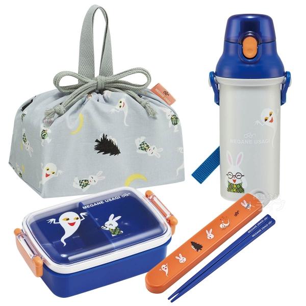 めがねうさぎ お買得４点セット 抗菌 角型お弁当箱 450ml 箸＆箸箱 巾着 プラ水筒