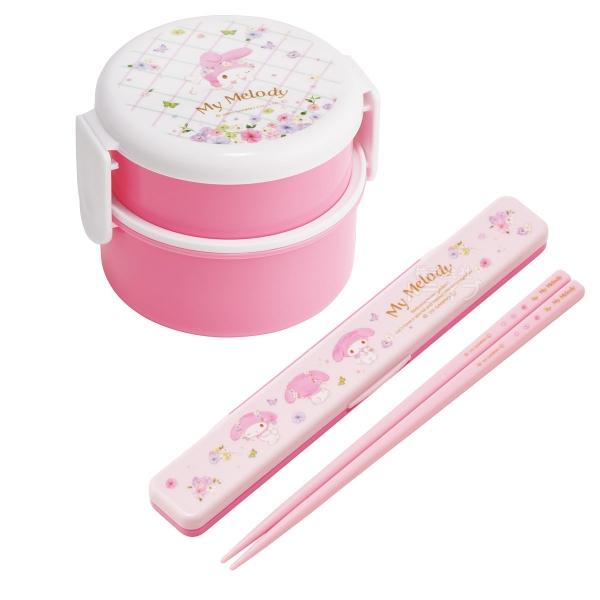 マイメロディ パステル花柄 丸型ランチボックス２段 ミニフォーク付 箸＆箸箱 セット