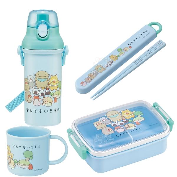 なんでもいきもの お買得４点セット 抗菌 角型お弁当箱 450ml 箸＆箸箱 コップ プラ水筒