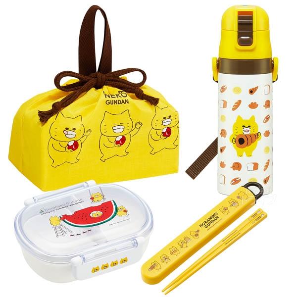 ノラネコぐんだん お買得４点セット 抗菌 お弁当箱 中子付 360ml 箸＆箸箱 巾着 水筒