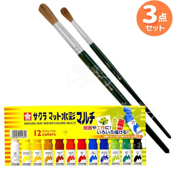 図画工作 ３点セット 絵筆 10号 20号 水彩絵具12色 工作グッズ ネコポス対応品