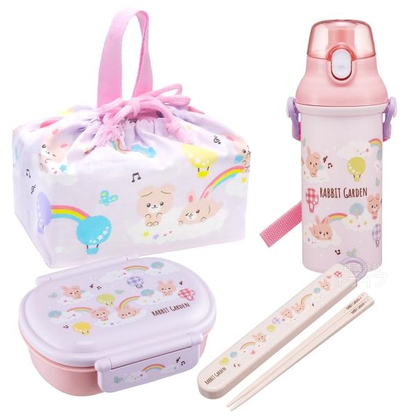 ラビットガーデン お買得４点セット 抗菌 お弁当箱 中子付 360ml 箸＆箸箱 巾着 プラ水筒
