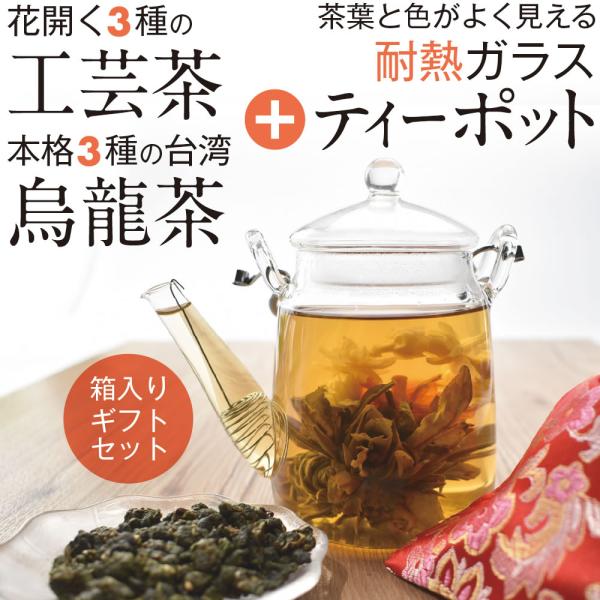 茶葉茶器セットB 天香茶行（耐熱ガラスティーポット＋花工芸茶＋烏龍茶）中国茶器 提梁壺