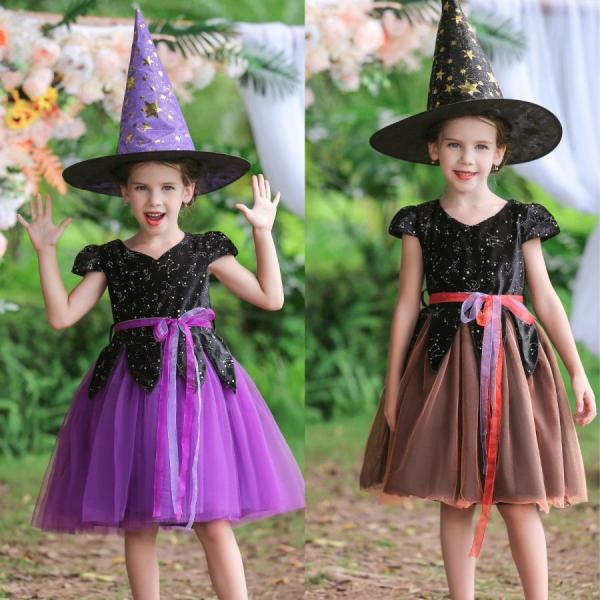 【特価】ハローウィンドレス 帽子付き 膝丈 パーティードレス 子供 発表会ドレス ピアノ パープル ...