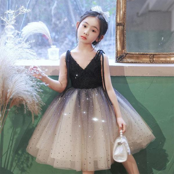 子供ドレス 黒 ブルー ショート丈 女児ドレス 星柄 可愛い キャミドレス Vネック キッズ 女の子...