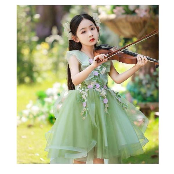 子供ドレス 前短後長 花柄 ピアノ発表会ドレス 演奏会ドレス 女児ドレス ショート丈 ロング丈 お花...
