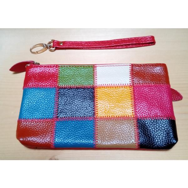 長財布　ポシェット　ポーチ　レディース　パッチワーク　本革　牛革使用　かわいい　ストラップ付