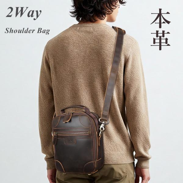 TIDINGショルダーバッグ メンズ 本革 ロゴ付き ビンテージ 厚手牛革 2WAY 自立 手提げ ...