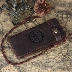 TIDING 編み込みチェーン付き メンズ 本革 レザー 長財布 小銭入れあり ヌメ革 ロングウォレット ブラウン