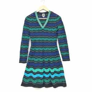 MISSONI ミッソーニ  ニットワンピース 良好 サイズ40  ネイビー/グリーン  レディース  Vネック ボーダー 長袖｜tifana