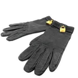 HERMES エルメス  レザーグローブ    ブラック 革 バッグ型チャーム レディース ブランド 手袋 glove グローブ 服飾小物 KO1014