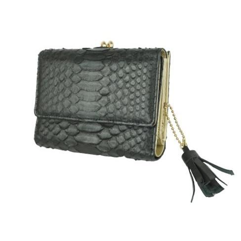 錦ヘビ　三つ折りガマ口財布　　ダイヤモンドパイソンレザー　マット　ブラック　タッセル付き　日本製