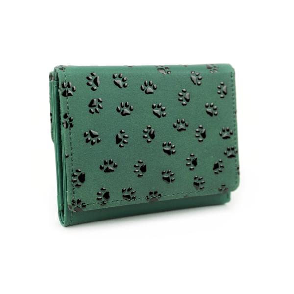 印伝肉球柄三つ折り財布　グリーン地/クロ（漆）　　　　　日本製