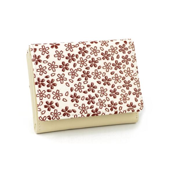 印伝桜吹雪柄三つ折り財布　シロ地/アカ（漆）　　　　　日本製