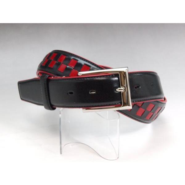 牛革　ベルト　レザー　チェッカー柄　赤/　黒　コンビ