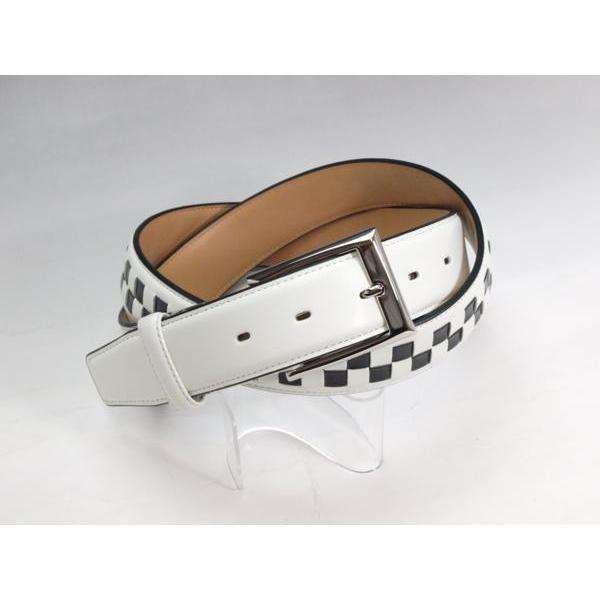 牛革　ベルト　レザー　チェッカー柄　　白/黒　コンビ　メンズ　全長　約115cm　ウエスト　約95c...