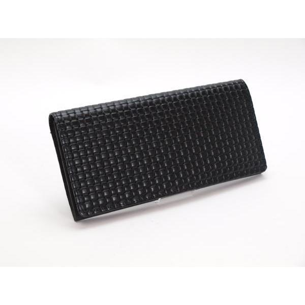 財布　長財布　ブロックメッシュ　型押し　牛革　長財布　メンズ　ブラック　内側ブラウン　日本製