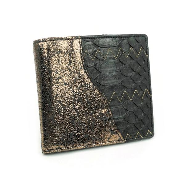 本革 パイソンレザー 蛇革×牛革　財布　二つ折り財布　金ラメ ジグザグステッチ ブロンズ牛革　日本製