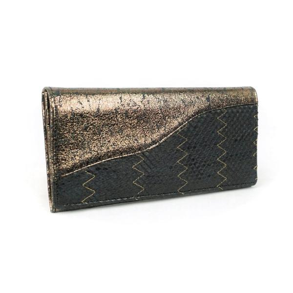 本革 パイソンレザー 蛇革×牛革 　財布　長財布　ロングウォレット　金ラメ ジグザグステッチ ブロン...