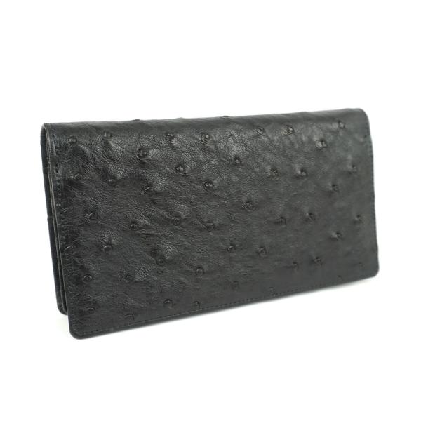 財布　長財布　カード収納多数　本革 オーストリッチレザー ダチョウ革　中ベラ付き ブラック 日本製