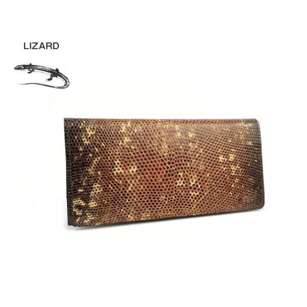 本革　リザードレザー　トカゲ革　財布　長財布　小銭入れあり　ブラウン×ゴールド　日本製