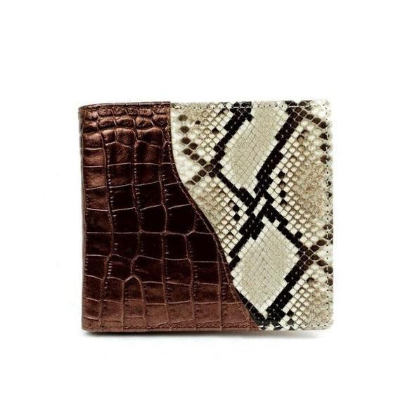 財布　Vegasts (ベガス)　錦ヘビ&amp;牛革ワニ型押し　二つ折り財布　ヘビ革　小銭入れ付き　ブラウ...