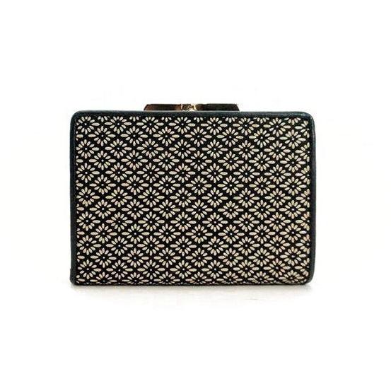 財布　印伝　鹿革　ガマ財布　ガマ札　ディアスキンレザー　菱菊柄　黒地×ベージュ