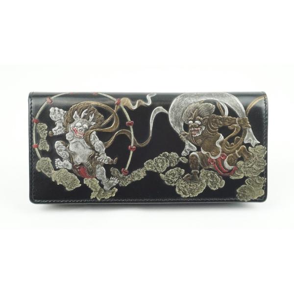 財布　牛革　長財布　風神雷神　浮き押し加工　ブラック　日本製