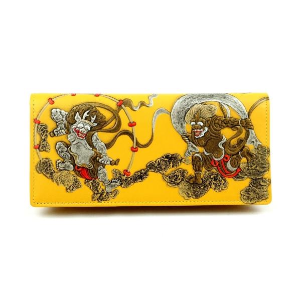 財布　牛革　長財布　風神雷神　浮き押し加工　イエロー　日本製