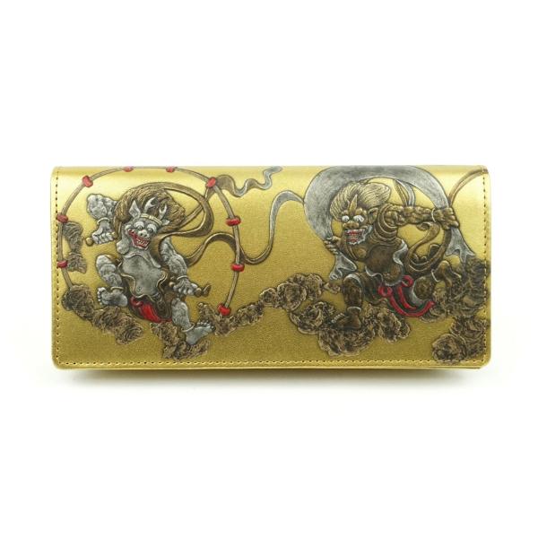 財布　牛革　長財布　風神雷神　浮き押し加工　ゴールド　日本製