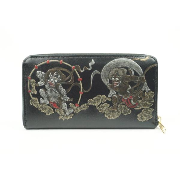 財布　牛革　長財布　ラウンドファスナー　風神雷神　浮き押し加工　ブラック　日本製